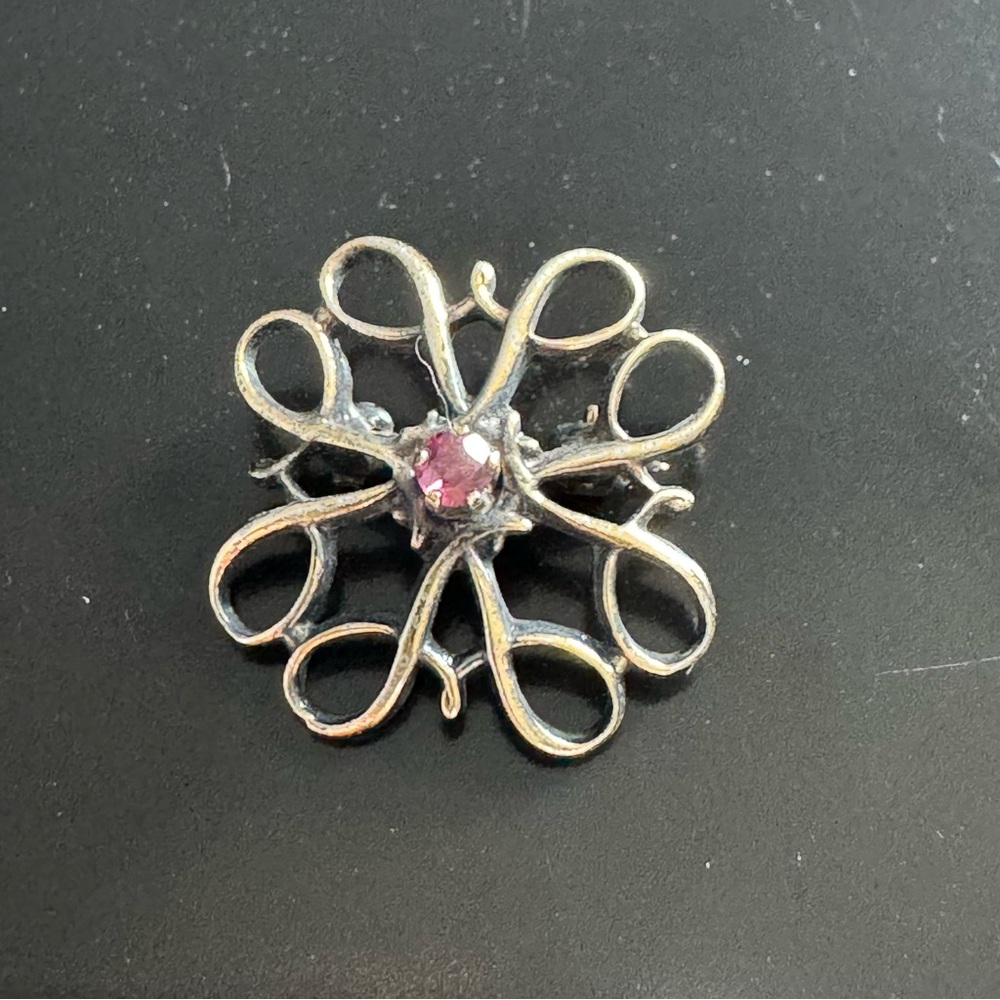 Vintage Sterling Silver Floral Brooch with Ruby Center - Lingerie Pin